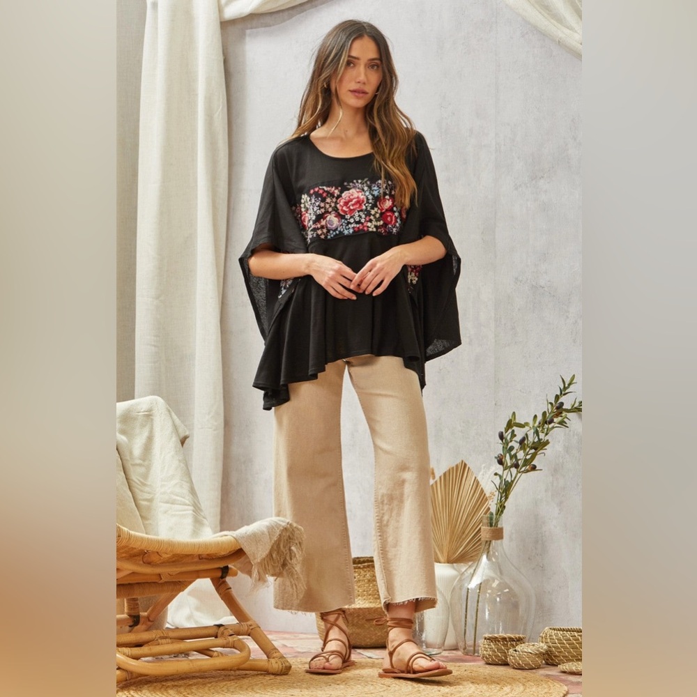 Floral Embroidery Poncho Tunic Top by Andrew by Unit - Black